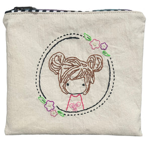 Hand Embroidered Girl Large Zipper Pouch