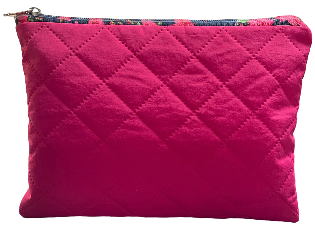 Quilted Nylon Zipper Pouch- Raspberry