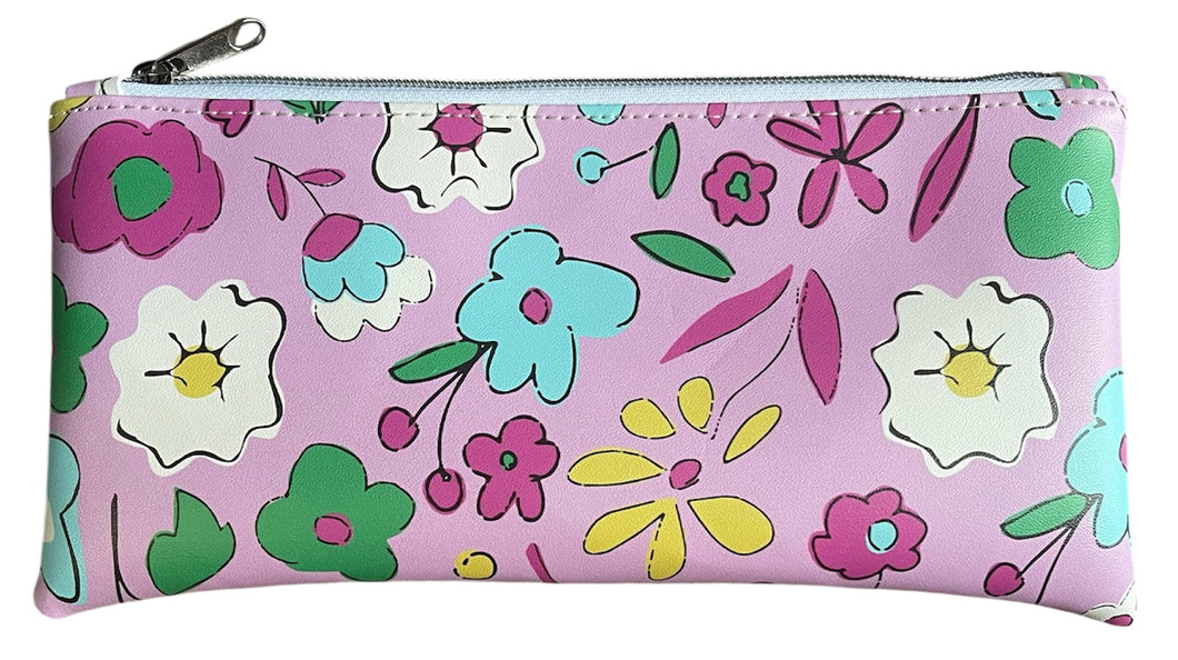 Summer Floral Faux Leather Zipper Pen Pouch
